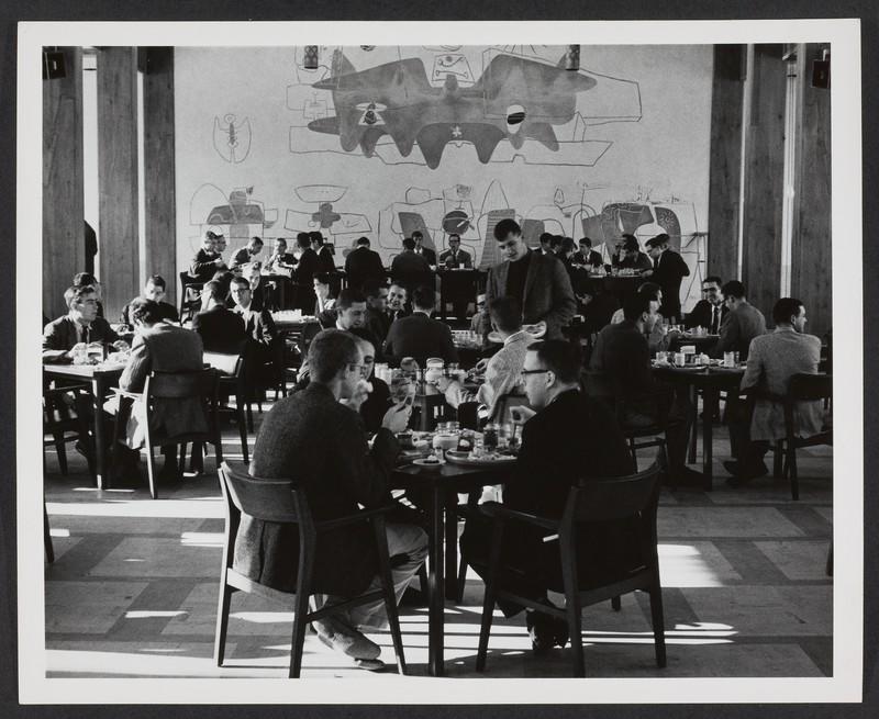 Dining Hall archival photo, small square tables, men in suits